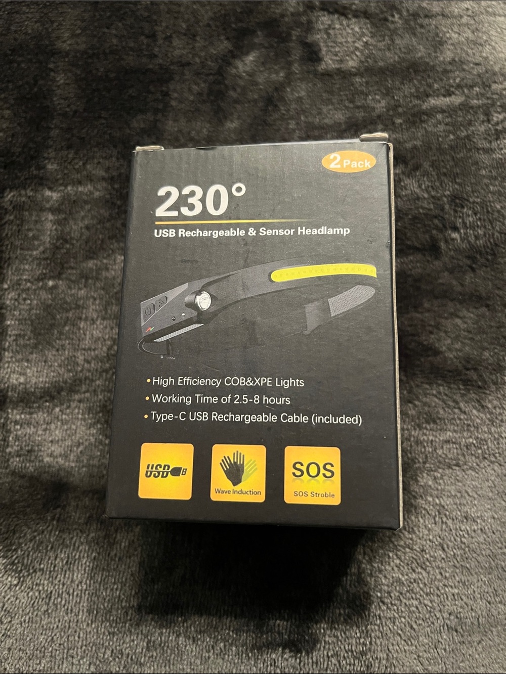 New USB Rechargeable Sensor Headlamp - Yellow Accent (2 Pack)